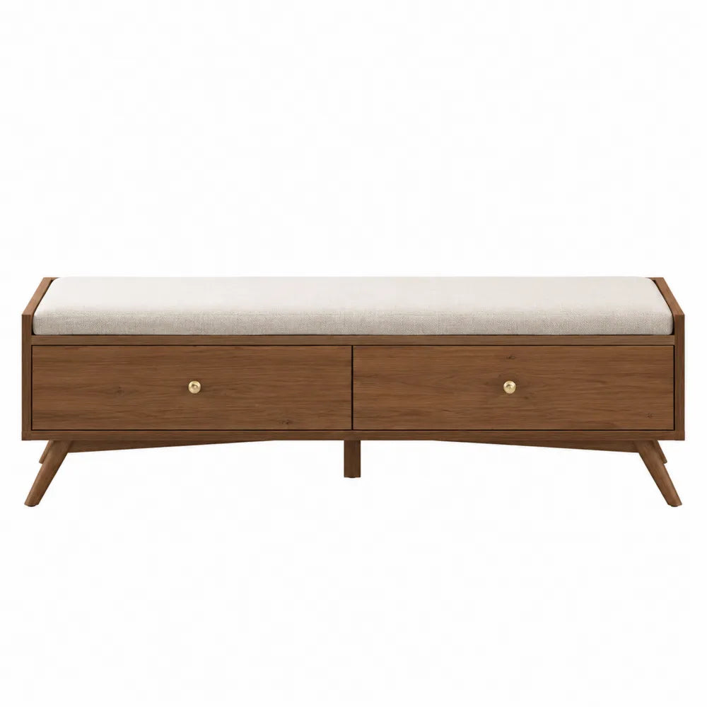 Banc de chambre rectangulaire avec 2 tiroirs 120 x 40 x 45 cm hévéa massif MDF plaqué noyer polyester beige noyer laiton