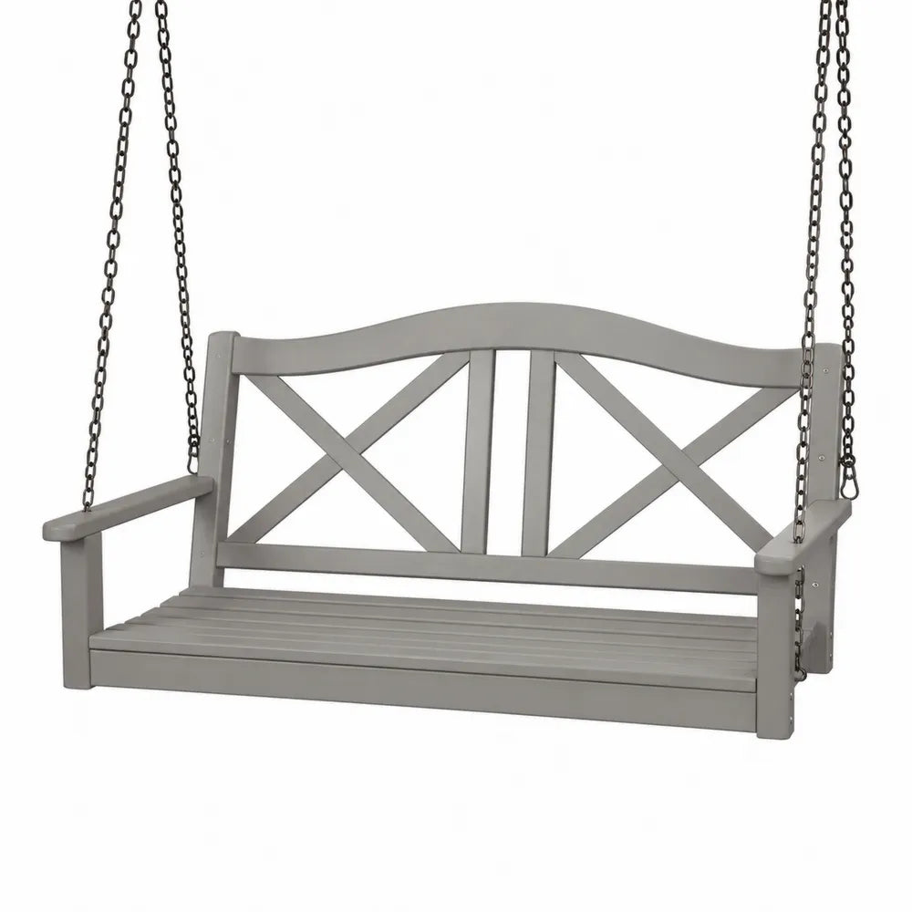 Banc suspendu de jardin en acacia massif gris avec chaînes en acier noir 150 x 60 x 58 cm