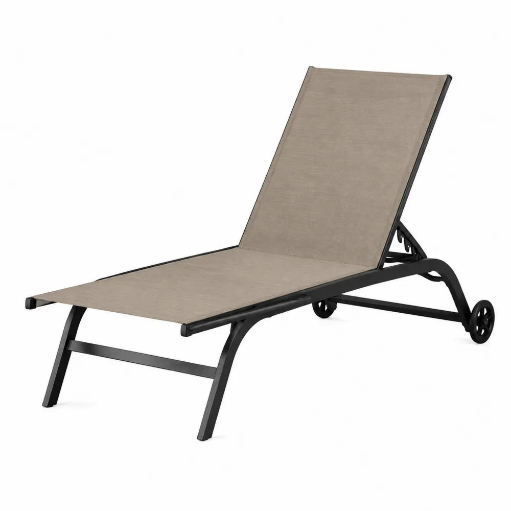 Bain de soleil de jardin rectangulaire réglable à roulettes en textilène taupe et aluminium noir 195 x 63 x 90 cm