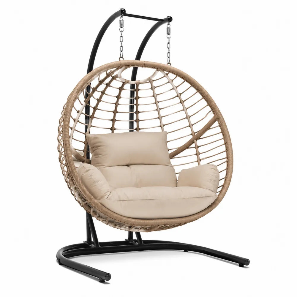 Fauteuil suspendu de jardin avec support 115 x 105 x 195 cm panier en résine tressée beige coussins écrus acier noir