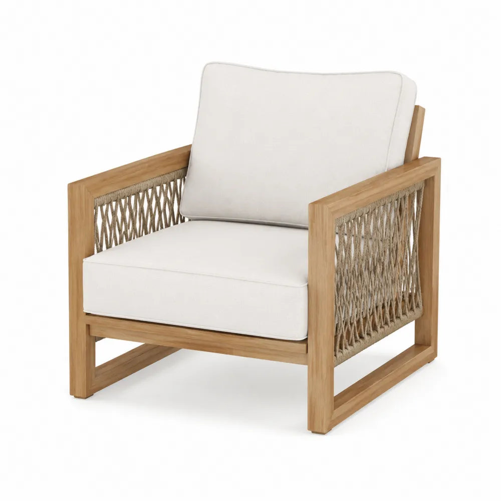 Fauteuil de jardin 1 place en acacia massif et corde polypropylène naturelle avec coussins beige 76 x 82 x 86 cm