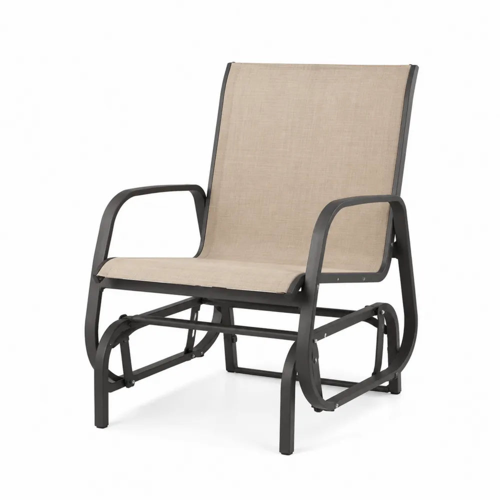 Fauteuil de jardin oscillant avec accoudoirs en textilène taupe et acier noir 70 x 92 x 95 cm