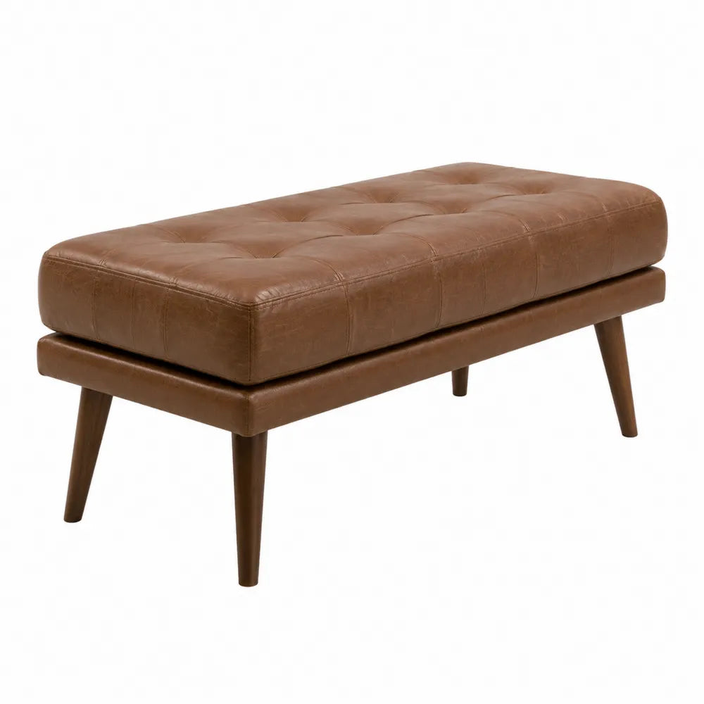 Banc de chambre rectangulaire capitonné en revêtement PU marron cognac et pieds en hévéa massif 120 x 40 x 45 cm