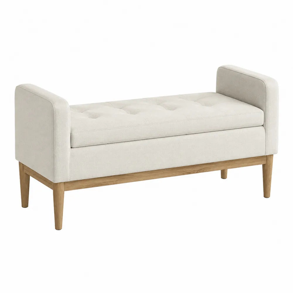 Banc de chambre rectangulaire rembourré avec accoudoirs en polyester écru et bois d'hévéa naturel 125 x 45 x 66 cm