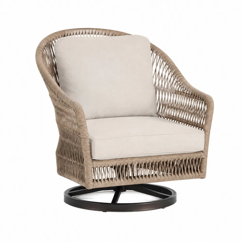 Fauteuil de jardin pivotant 1 place 82 x 84 x 90 cm résine tressée PE beige naturel coussins beige base acier noir