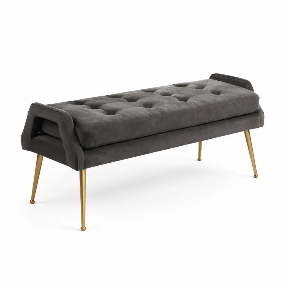 Banc de chambre capitonné rectangulaire 120 x 45 x 48 cm velours polyester acier doré gris foncé