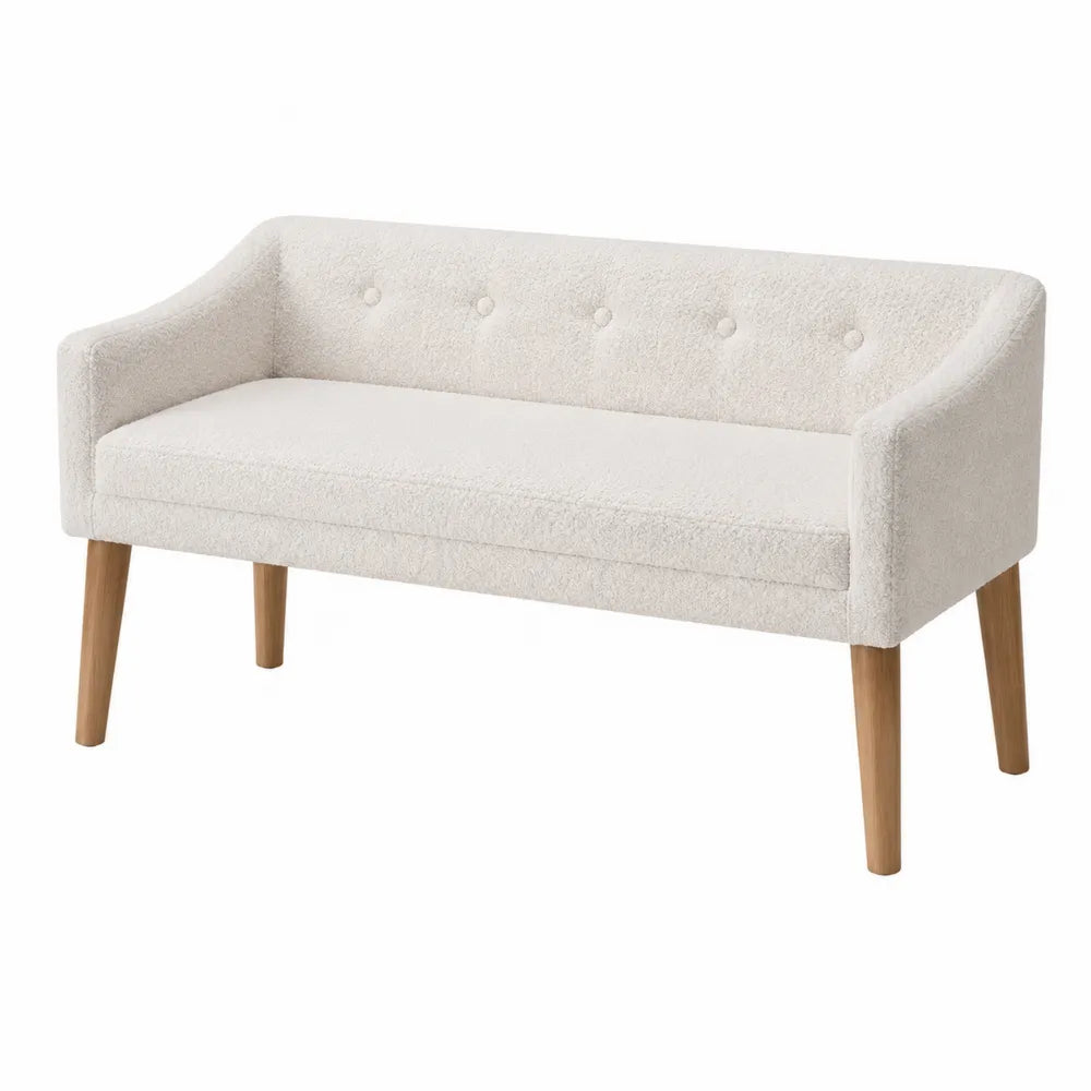 Banc de chambre 2 places rectangulaire avec dossier et accoudoirs bouclé polyester écru pieds bois d'hévéa naturel 120 x 58 x 76 cm
