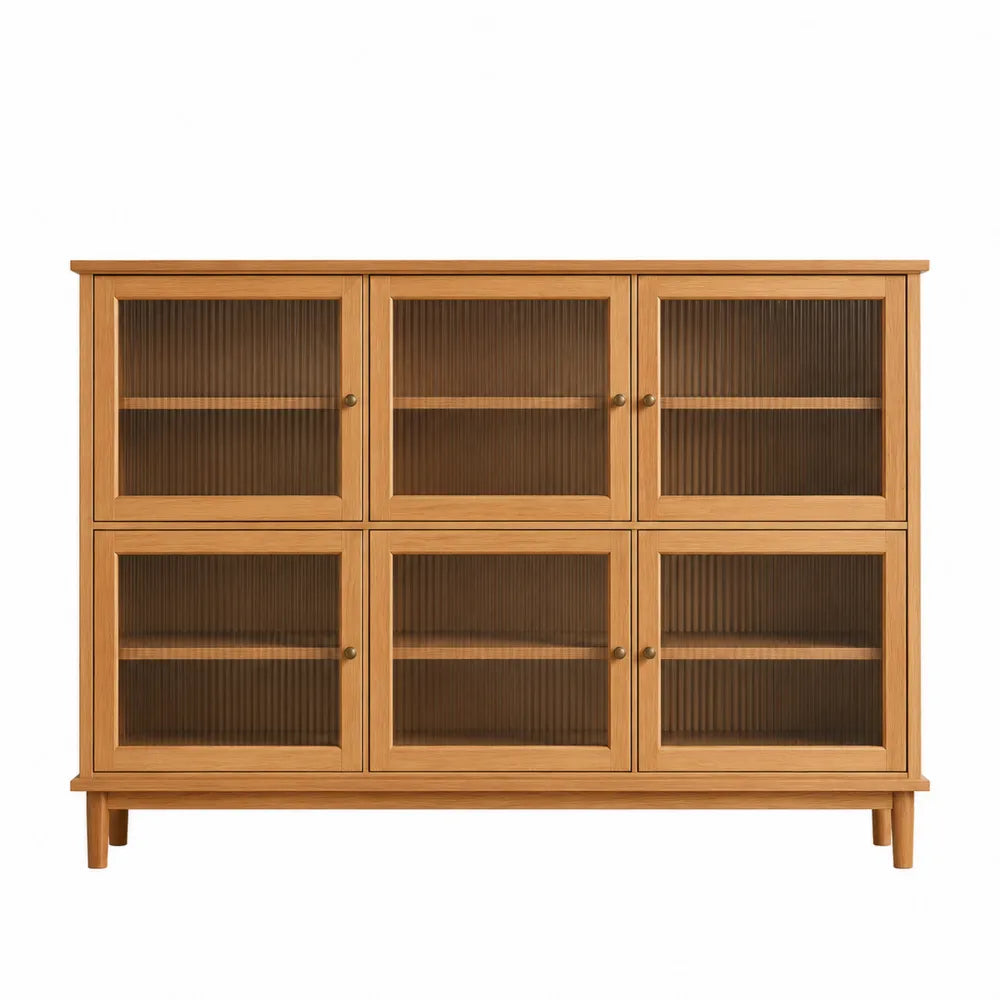 Buffet de cuisine rectangulaire 6 portes en MDF plaqué chêne clair et verre cannelé brun 120 x 40 x 100 cm