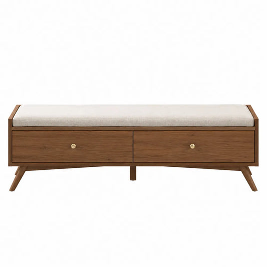 Banc de chambre rectangulaire avec 2 tiroirs 120 x 40 x 45 cm hévéa massif MDF plaqué noyer polyester beige noyer laiton