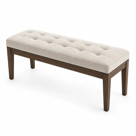 Banc de chambre rectangulaire capitonné en hévéa massif et polyester beige marron 120 x 40 x 45 cm
