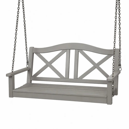 Banc suspendu de jardin en acacia massif gris avec chaînes en acier noir 150 x 60 x 58 cm