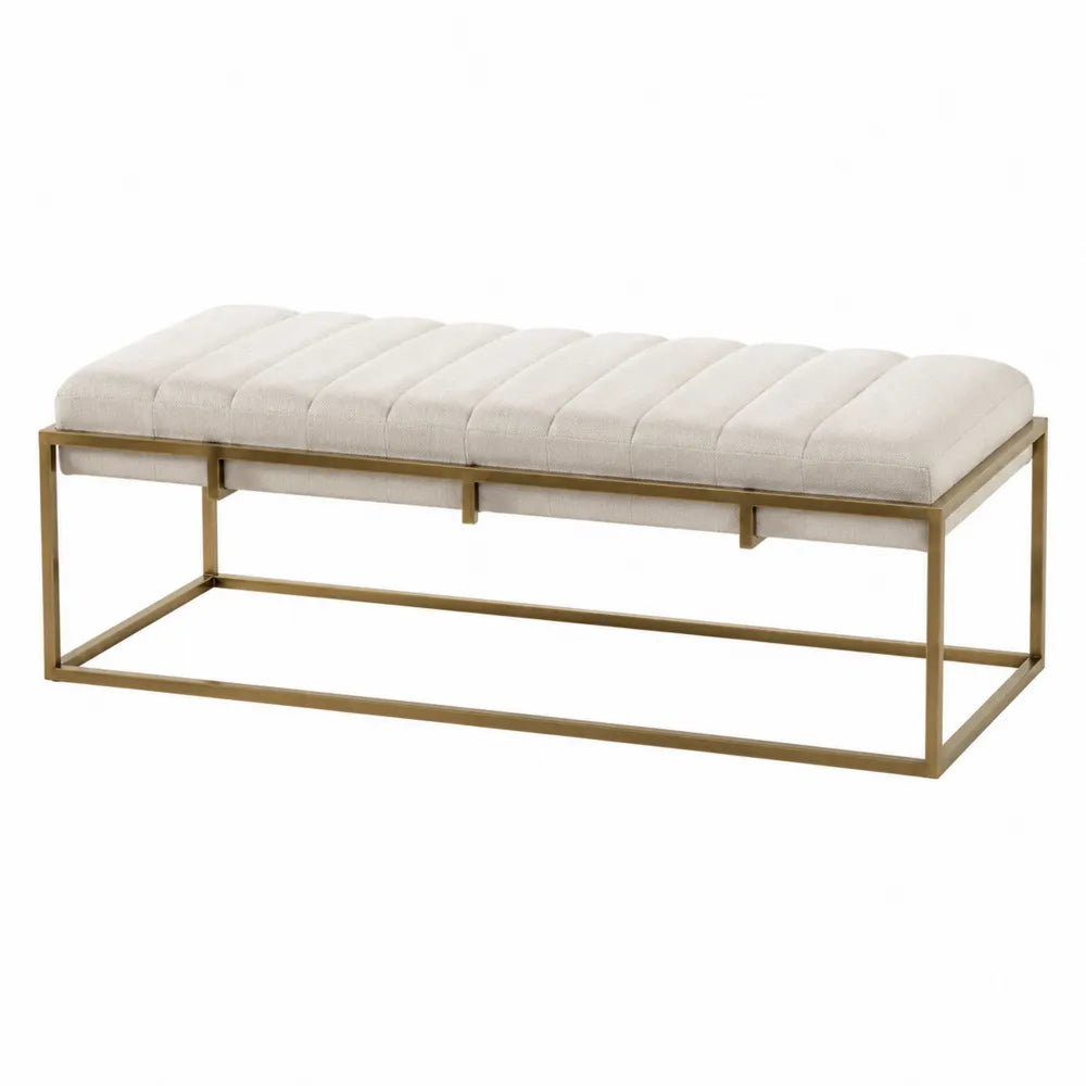 Banc de chambre rembourré rectangulaire en polyester crème et acier doré 120 x 45 x 48 cm
