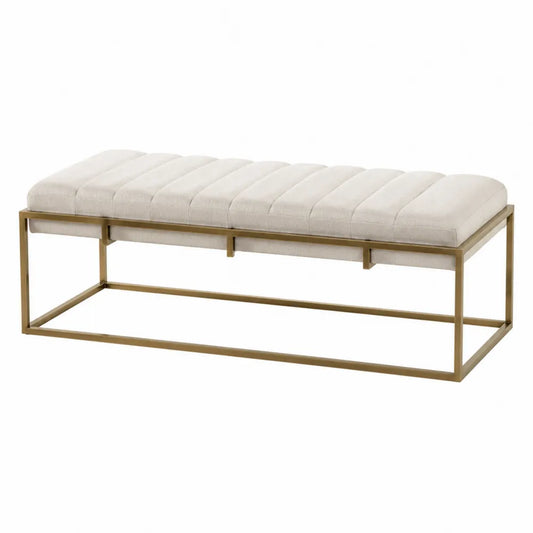 Banc de chambre rembourré rectangulaire en polyester crème et acier doré 120 x 45 x 48 cm