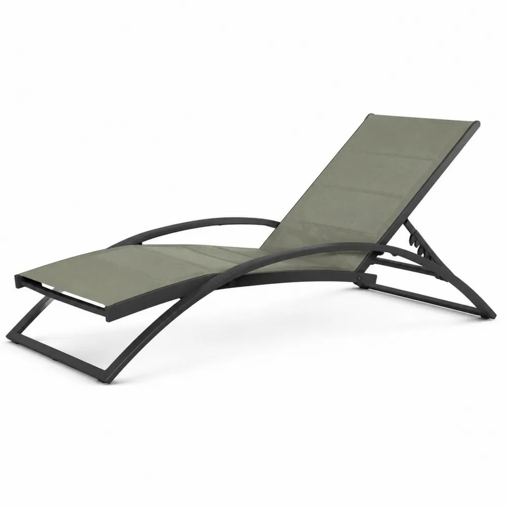 Bain de soleil de jardin réglable en textilène vert olive et aluminium noir 190 x 62 x 88 cm