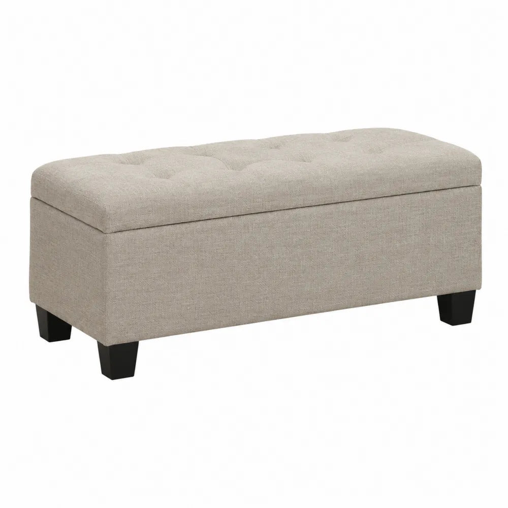 Banc coffre de chambre rectangulaire en tissu polyester beige structure MDF pieds en hévéa noir 100 x 40 x 46 cm