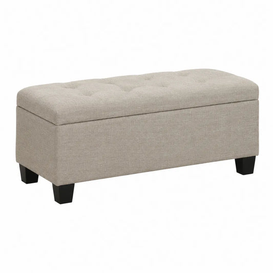 Banc coffre de chambre rectangulaire en tissu polyester beige structure MDF pieds en hévéa noir 100 x 40 x 46 cm