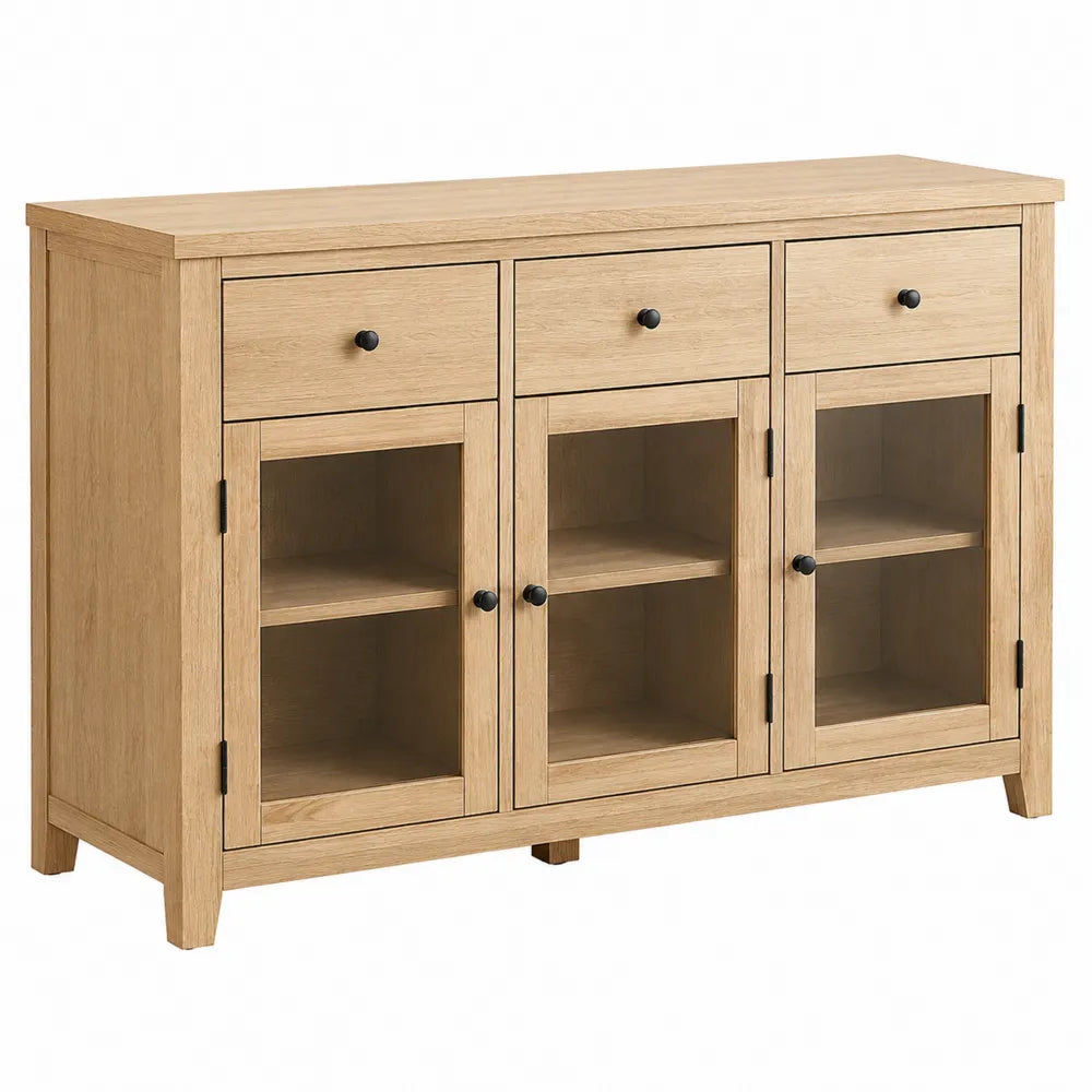 Buffet de salle à manger 3 portes vitrées 3 tiroirs 120 x 40 x 80 cm panneaux de particules mélaminés chêne clair verre trempé