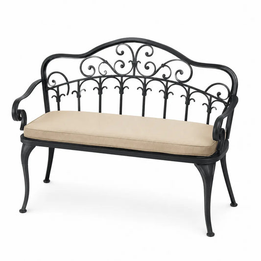 Banc de jardin 2 places en acier thermolaqué noir avec coussin beige 128 x 56 x 88 cm