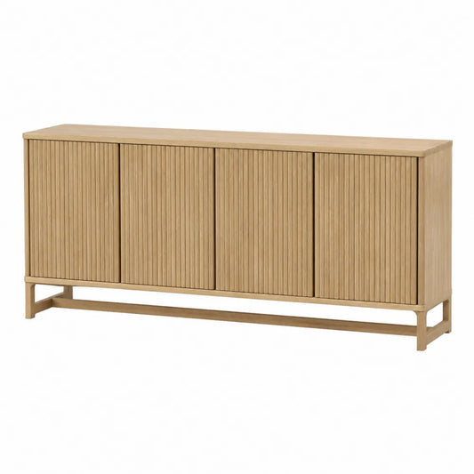 Buffet bas rectangulaire 4 portes rainurées en MDF plaqué chêne naturel avec piètement en hévéa massif 160 x 40 x 80 cm