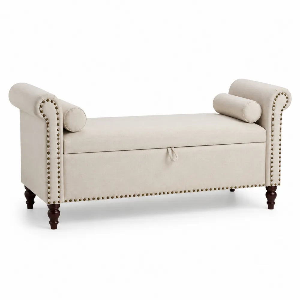 Banc coffre de chambre avec accoudoirs 140 x 45 x 68 cm tissu polyester bois d’hévéa beige bronze ancien brun foncé