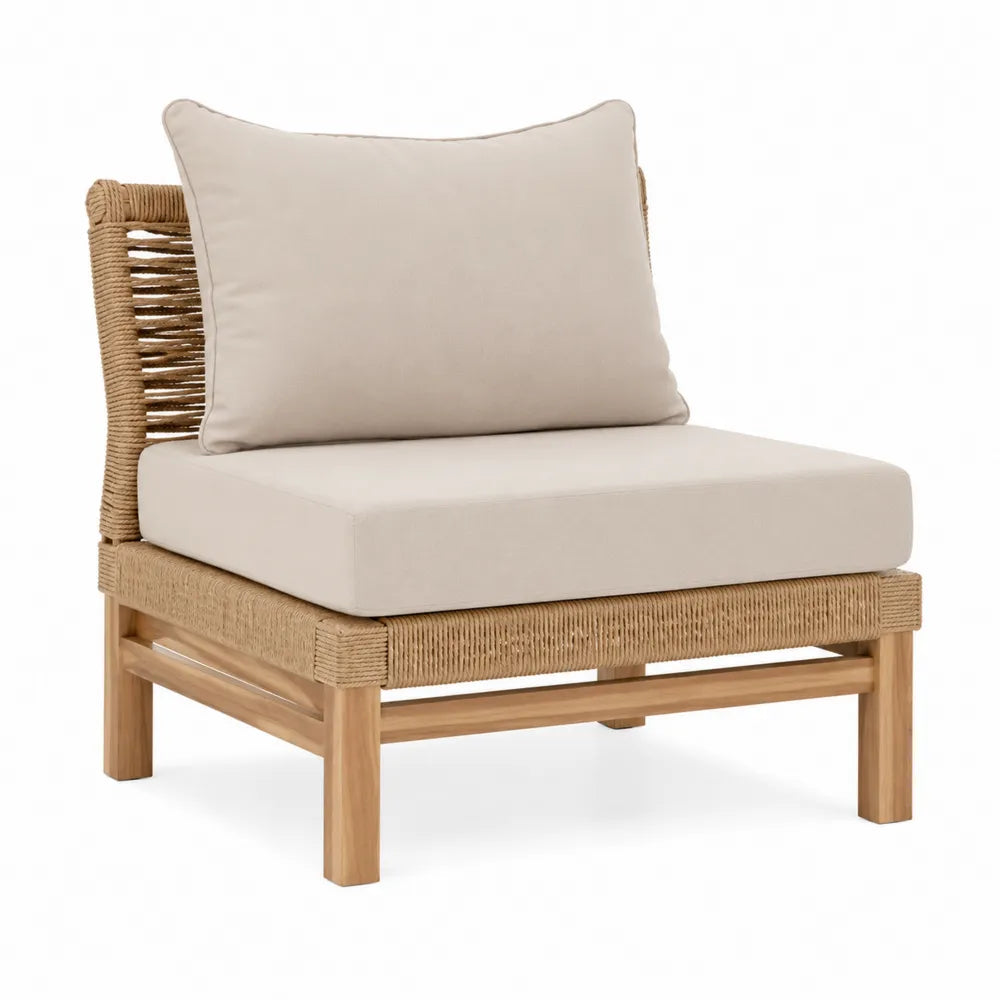 Fauteuil de jardin sans accoudoirs en acacia massif et rotin synthétique PE beige avec coussins écru 75 x 82 x 80 cm