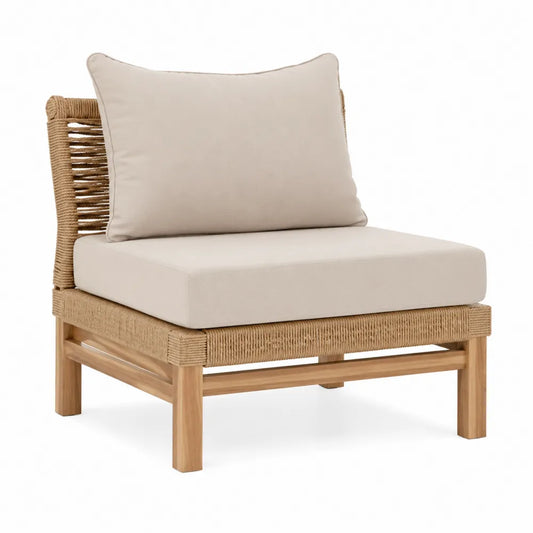 Fauteuil de jardin sans accoudoirs en acacia massif et rotin synthétique PE beige avec coussins écru 75 x 82 x 80 cm