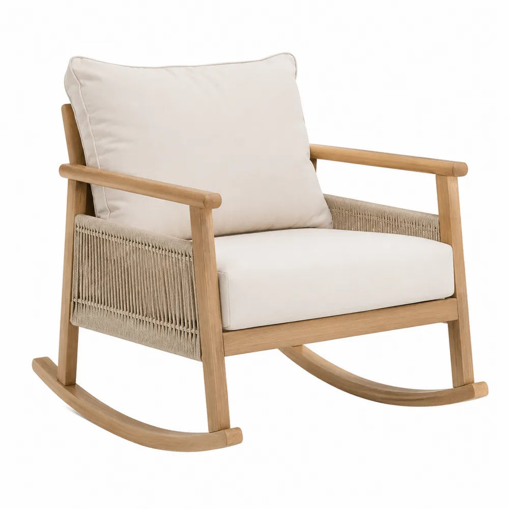 Fauteuil à bascule d’extérieur 1 place 78 x 92 x 88 cm acacia massif corde PP beige coussins écrus