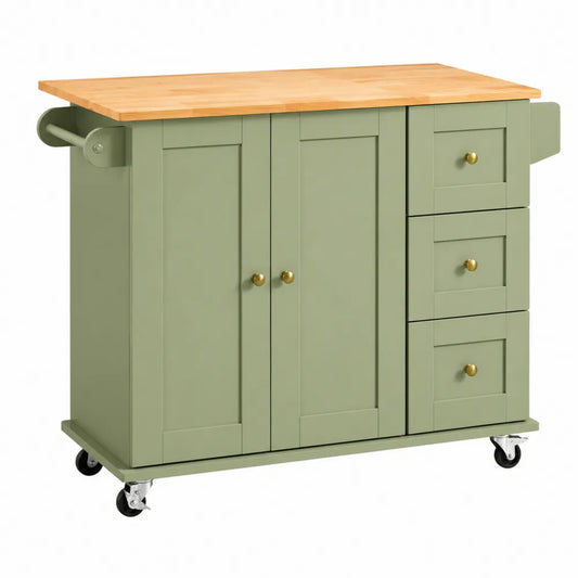 Chariot de cuisine mobile rectangulaire avec 3 tiroirs 2 portes MDF vert sauge plateau hévéa massif naturel 115 x 45 x 90 cm
