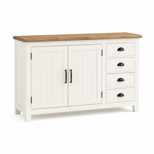 Buffet de cuisine 2 portes 4 tiroirs 120 x 40 x 85 cm MDF panneau de particules blanc cassé chêne clair noir
