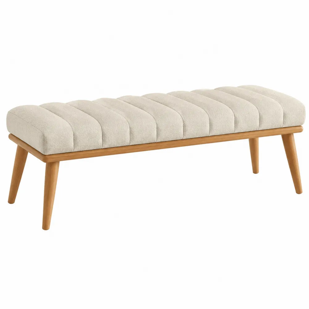 Banc de chambre rembourré rectangulaire 120 x 40 x 45 cm tissu bouclé polyester hévéa massif beige naturel