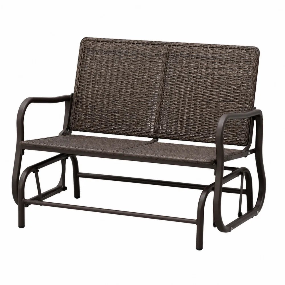 Banc de jardin à bascule 2 places 124 x 70 x 87 cm acier thermolaqué brun foncé résine tressée PE
