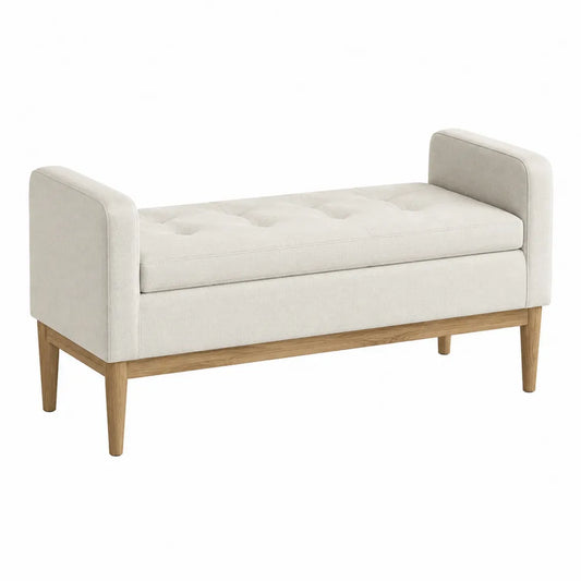 Banc de chambre rectangulaire rembourré avec accoudoirs en polyester écru et bois d'hévéa naturel 125 x 45 x 66 cm
