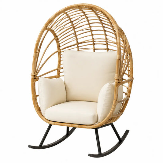 Fauteuil à bascule de jardin œuf en rotin synthétique PE beige avec coussins écru et piètement acier noir 95 x 92 x 150 cm