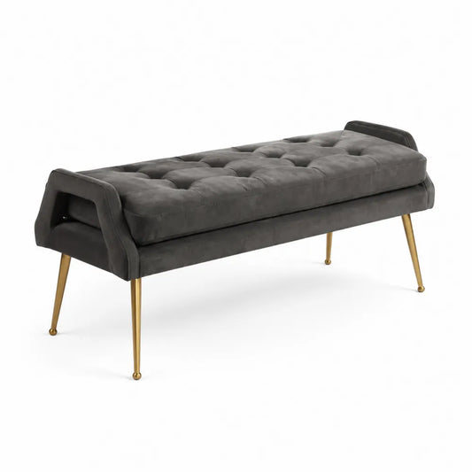 Banc de chambre capitonné rectangulaire 120 x 45 x 48 cm velours polyester acier doré gris foncé