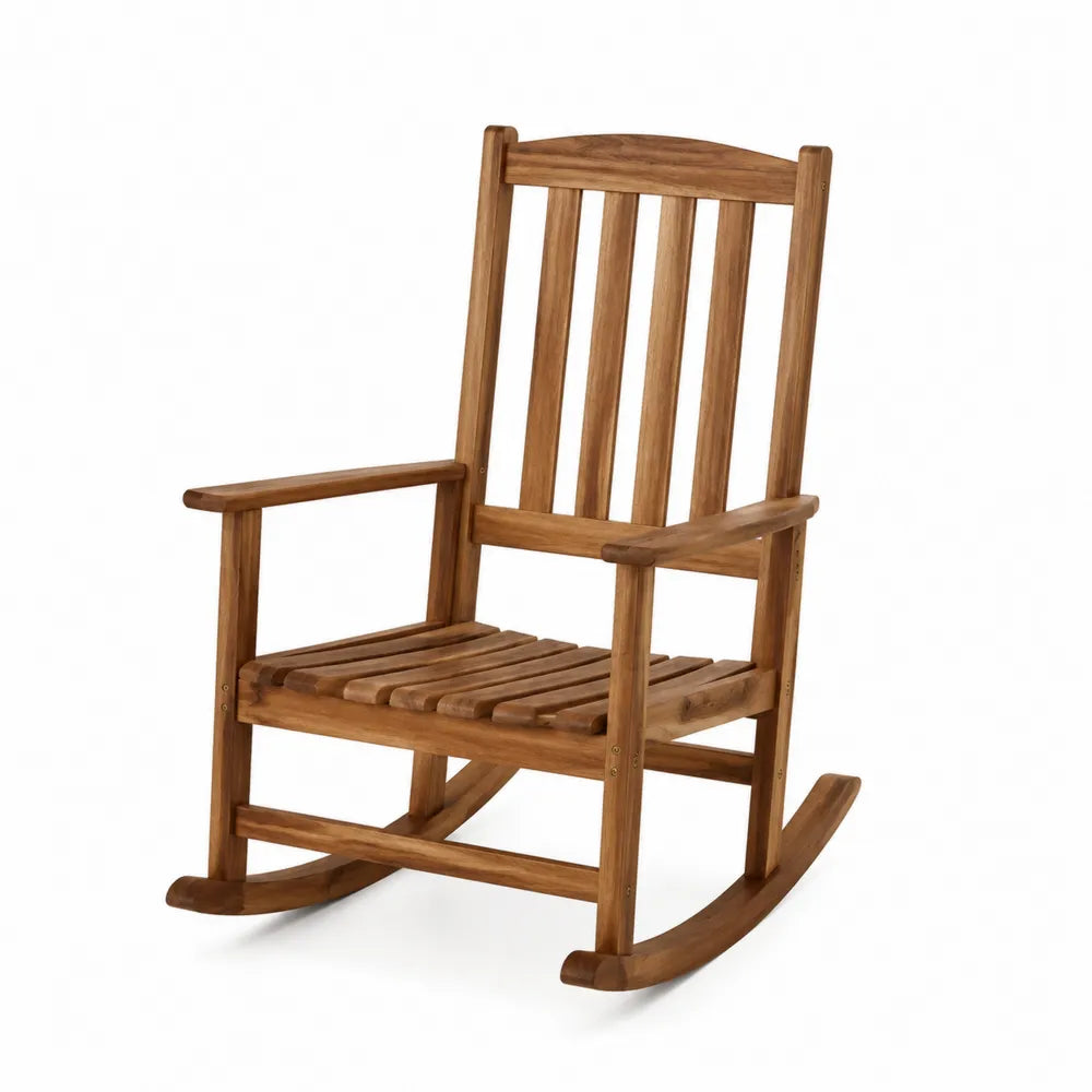 Fauteuil à bascule de jardin en acacia massif brun naturel avec accoudoirs et dossier à lattes 67 x 88 x 118 cm